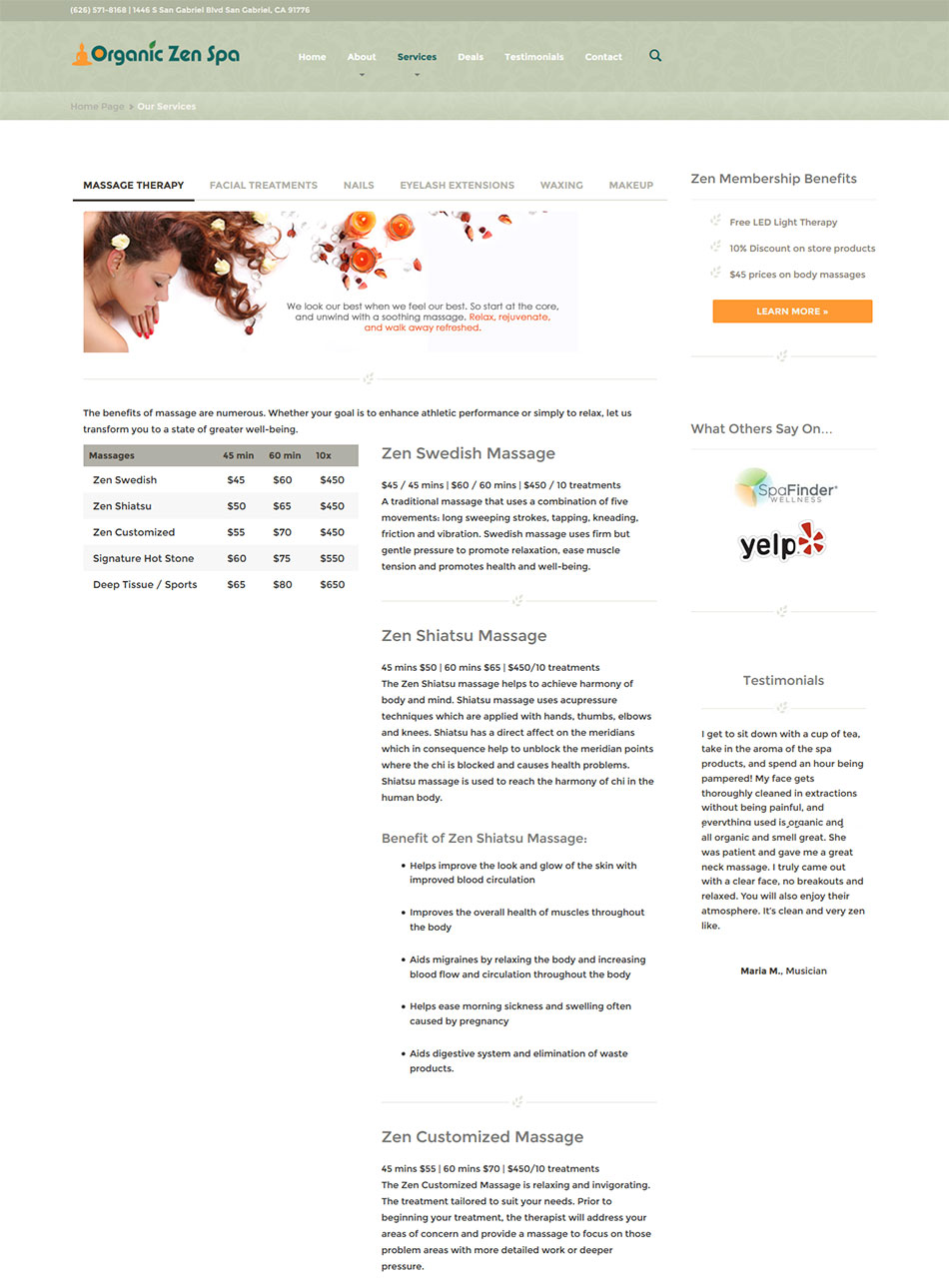 Organic Zen Spa Services Page